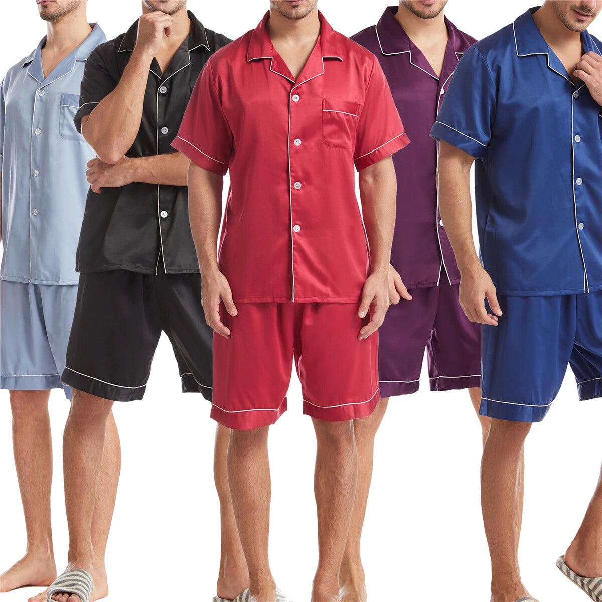 Men Satin Pajamas Set Shorts + Shirt Sleepwear Lounge Nightwear Buttons Outfit