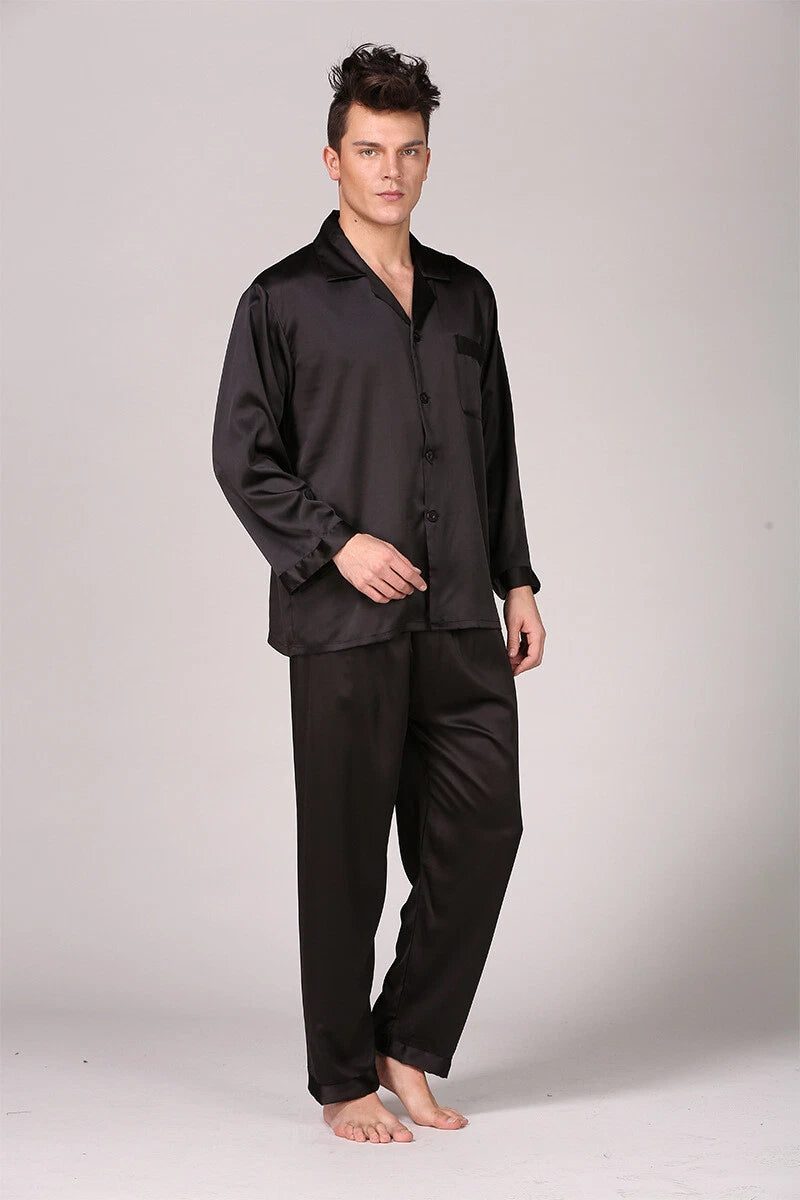 Mens Satin Silk Pyjamas Set Long Traditional Button Up Pyjama PJs Nightwear New