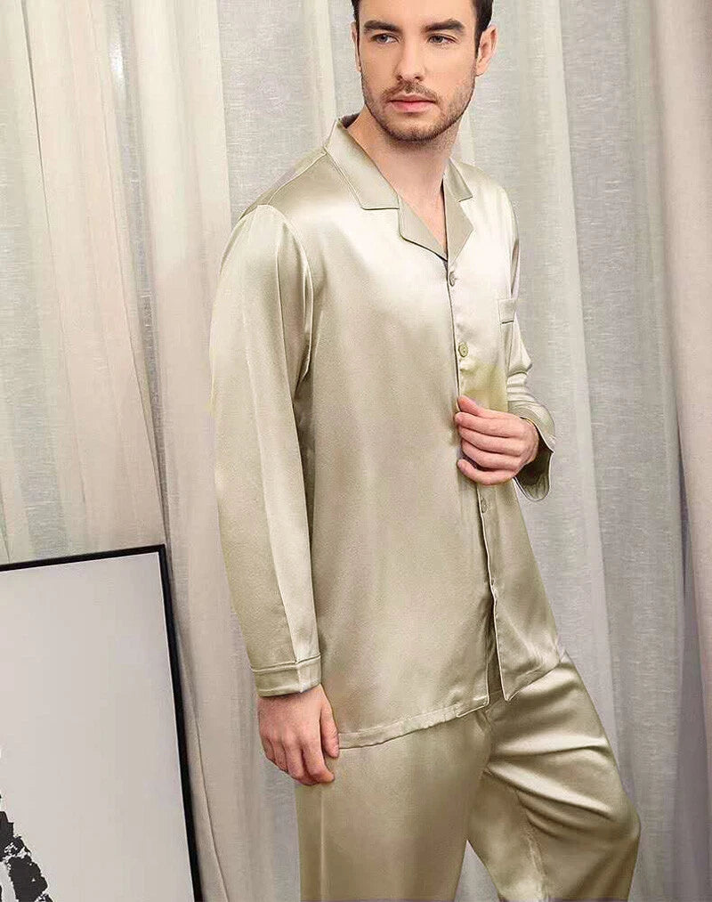 Men's 30MM 100% Pure Mulberry Silk Pajamas Set Long Sleeves Silk Sleepwear S~XXL