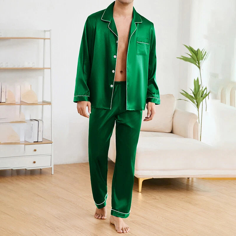 Mens Silk Satin Pyjamas Set Nightwear Pyjama Top & Bottoms Loungewear Sleepwear
