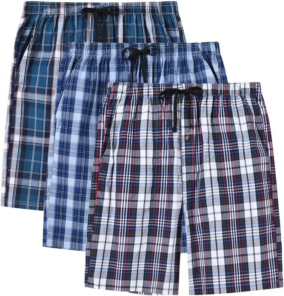 Men's Sleepwear Lounge Shorts 100% Cotton Plaid Pajama Bottoms Button Fly 3 Pack