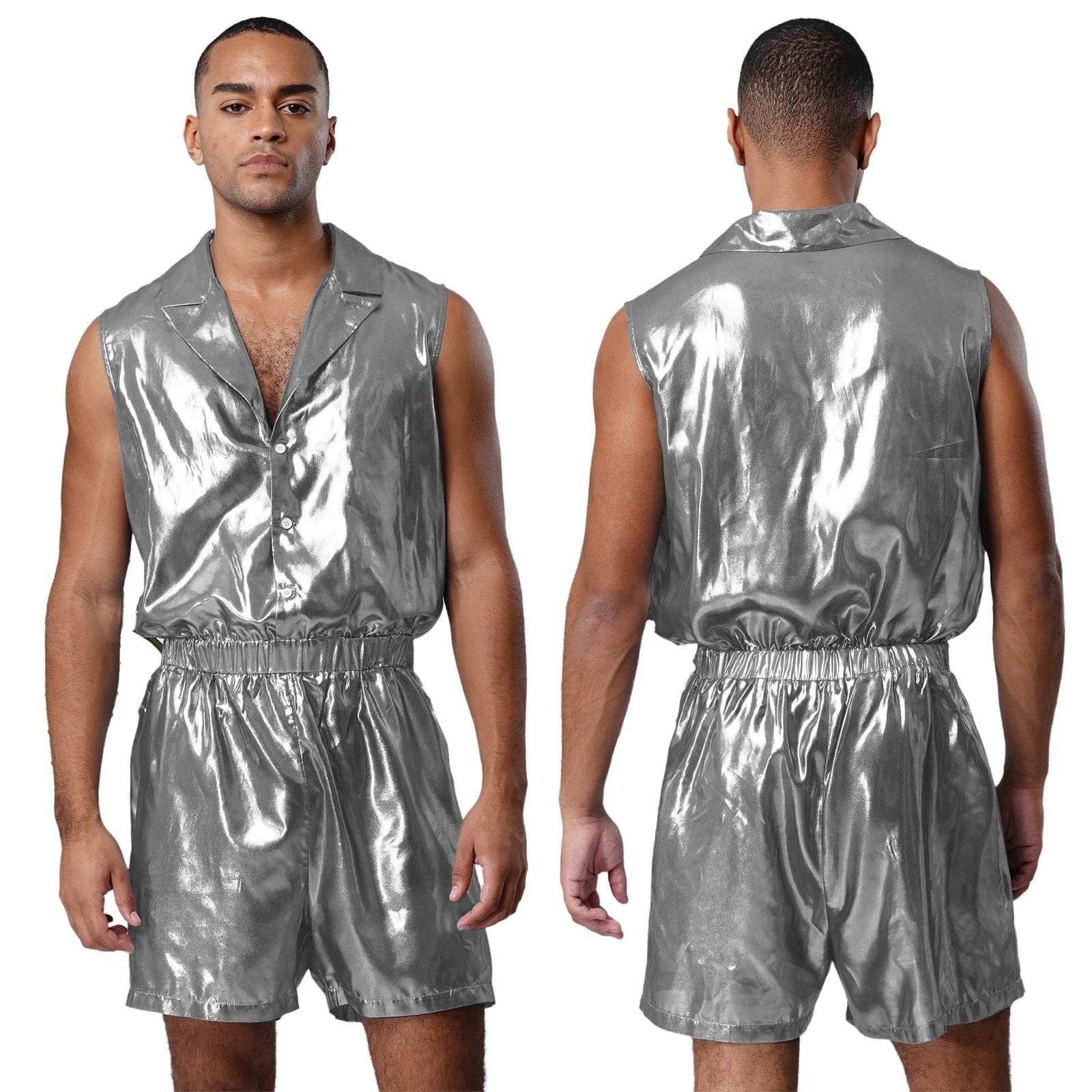 Men Shiny Glossy See-Through Metallic Chiffon Jumpsuit Bodysuit /Pajama Set