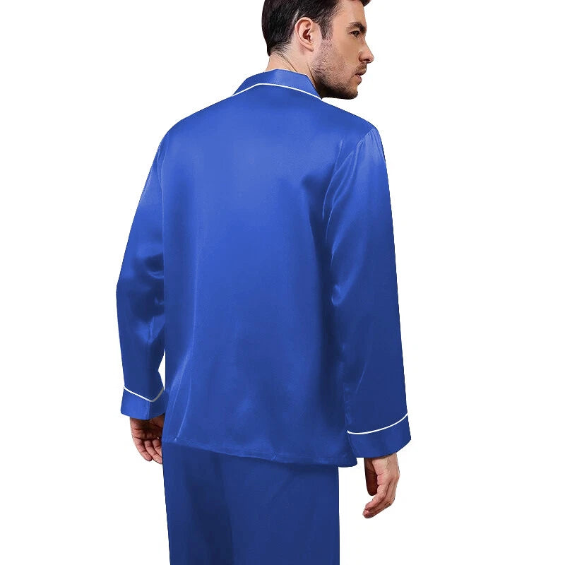 Mens Silk Satin Pajamas - PJ Set  - Blue White Piping '' 5 Day Delivery - USA ''
