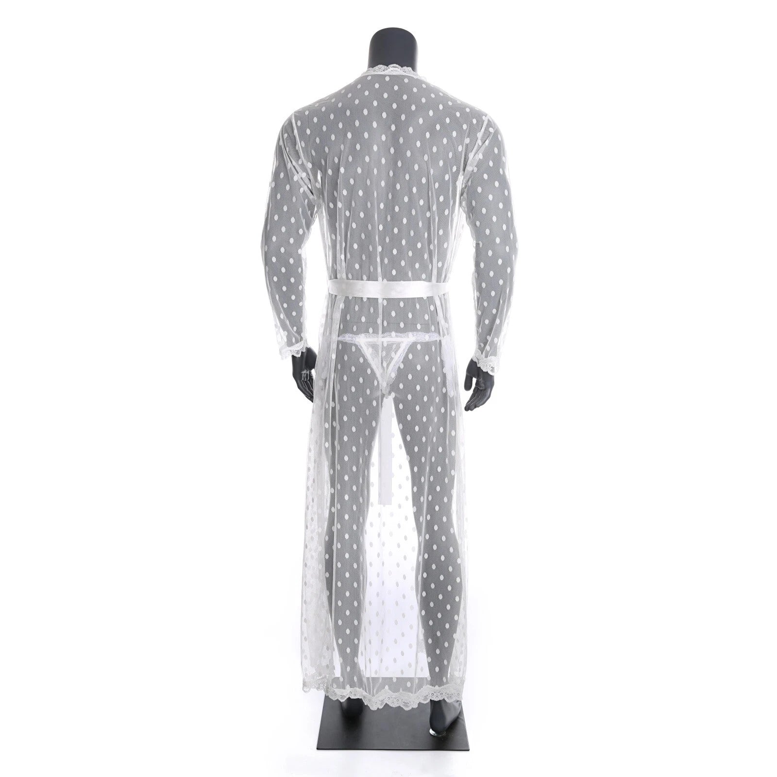 Men Bathrobe Lace Gown Kimono Long Sleeves Robe Pajamas See-through Thong Set