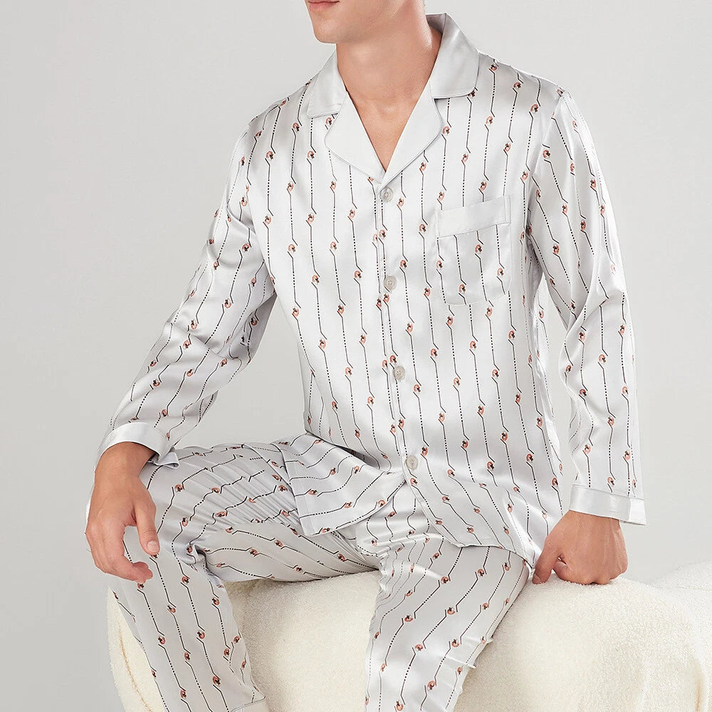 Men's 19MM 100% Pure Mulberry Silk Pajamas Set Long Sleeves Silk Sleepwear S~3XL