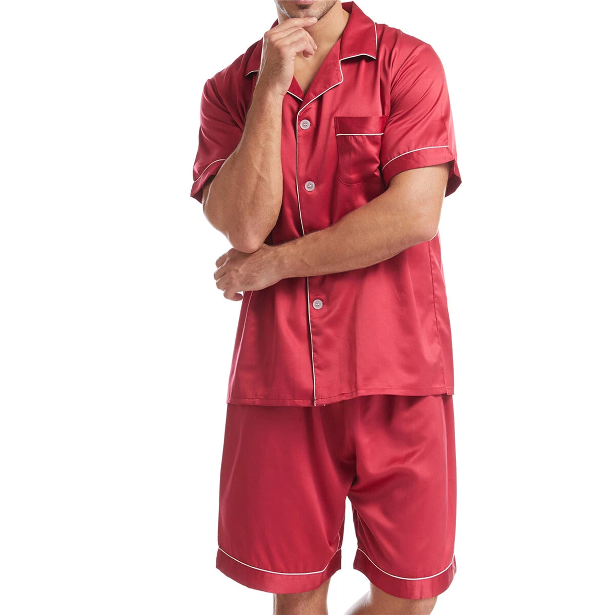 Men Satin Pajamas Set Shorts + Shirt Sleepwear Lounge Nightwear Buttons Outfit