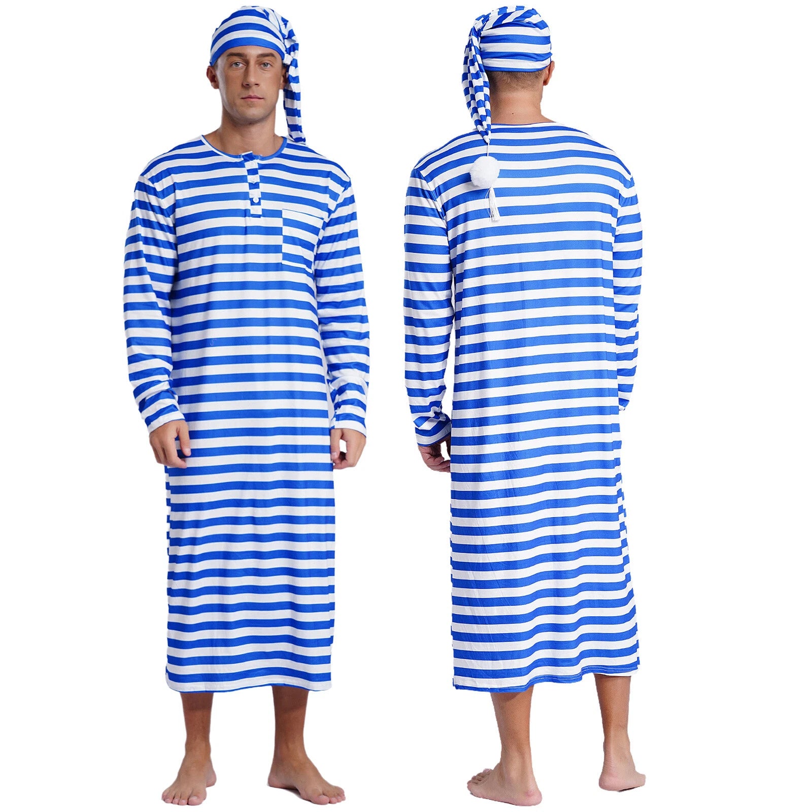 Men's Pajamas Set Long Sleeve Striped Robe Round Neck Loose Sleepwear with Hat