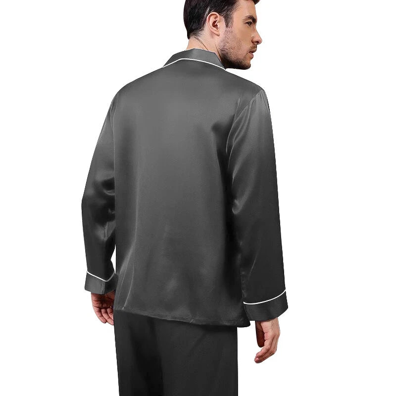 Mens Silk Satin Pajamas - PJ Set Top and Bottom - Grey White Piping
