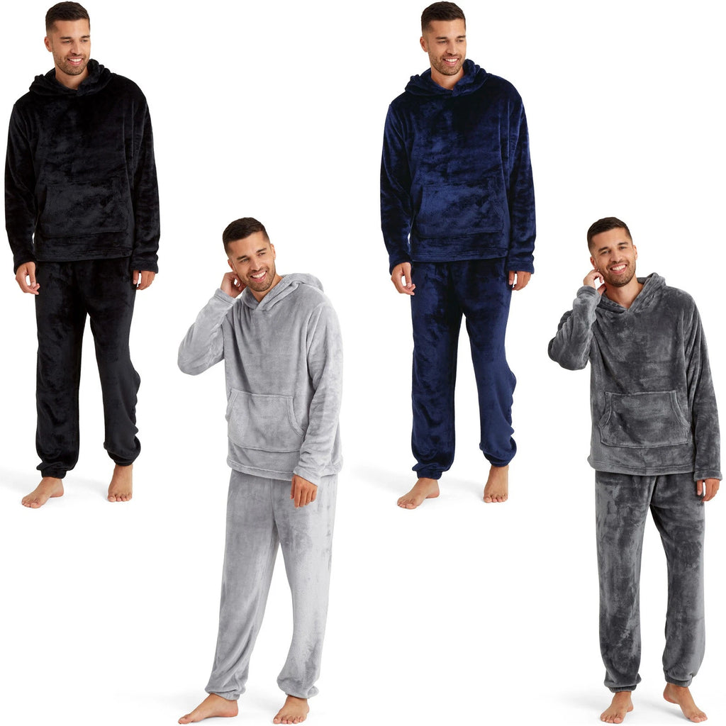 Snuggaroo Mens Soft Fleece Hooded PJs Pyjama Bottoms Top Loungewear Set