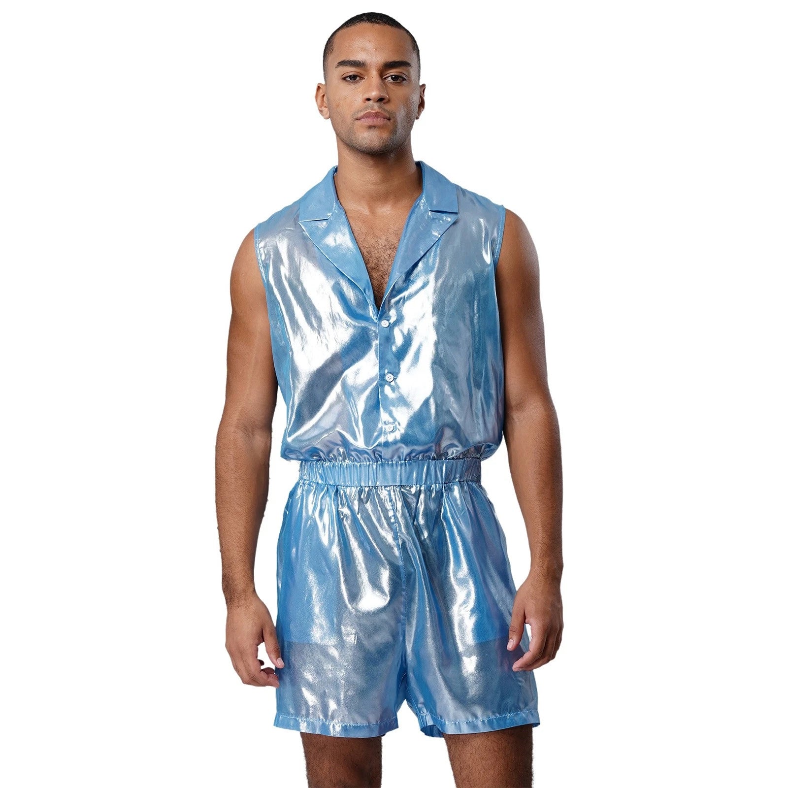 Men Shiny Glossy See-Through Metallic Chiffon Jumpsuit Bodysuit /Pajama Set