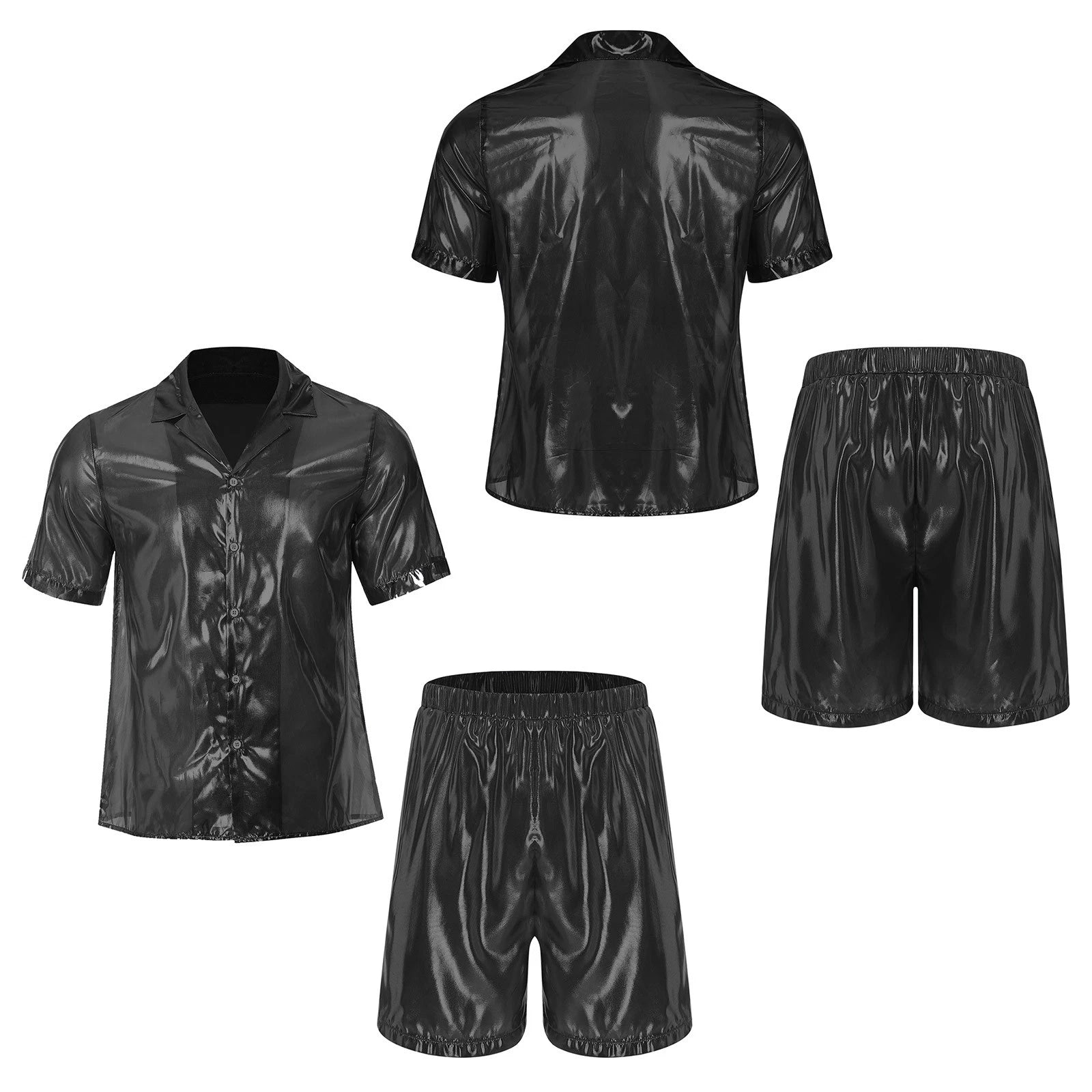 Men Shiny Glossy See-Through Metallic Chiffon Jumpsuit Bodysuit /Pajama Set