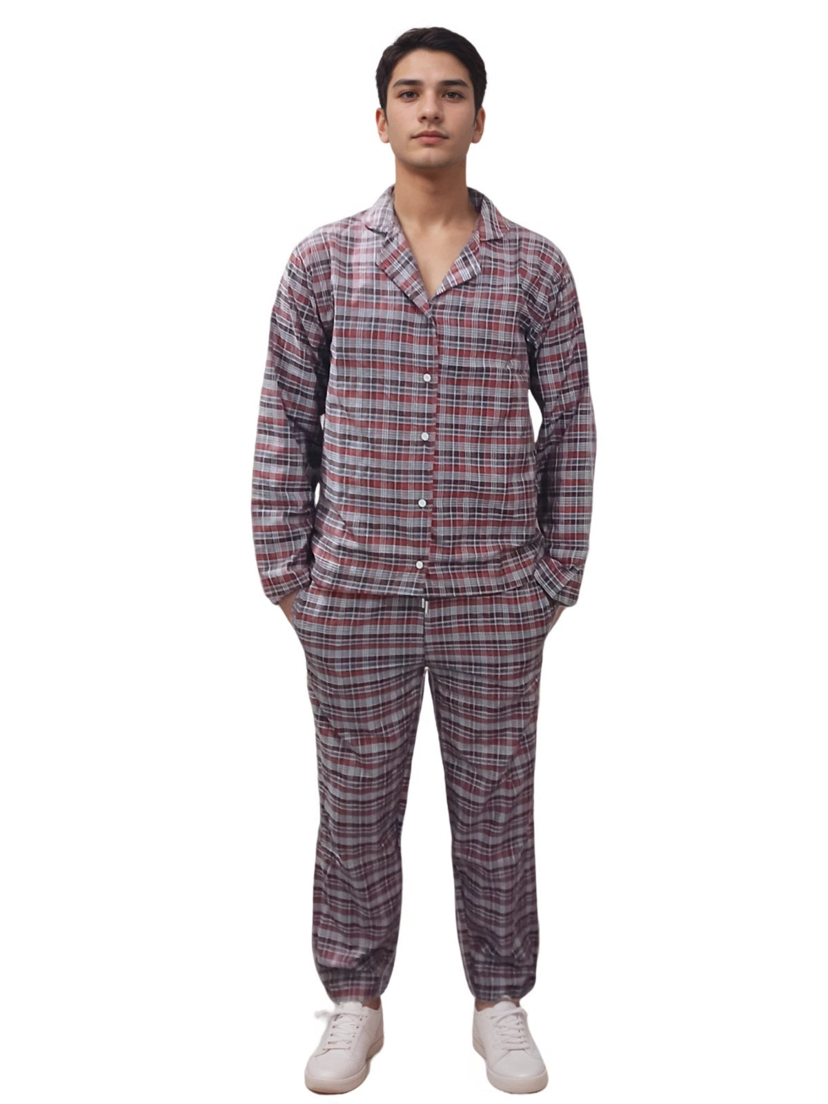 Mens Checked Pyjamas Set Cotton Blend Traditional Nightwear Lounge Wear Top PJ's