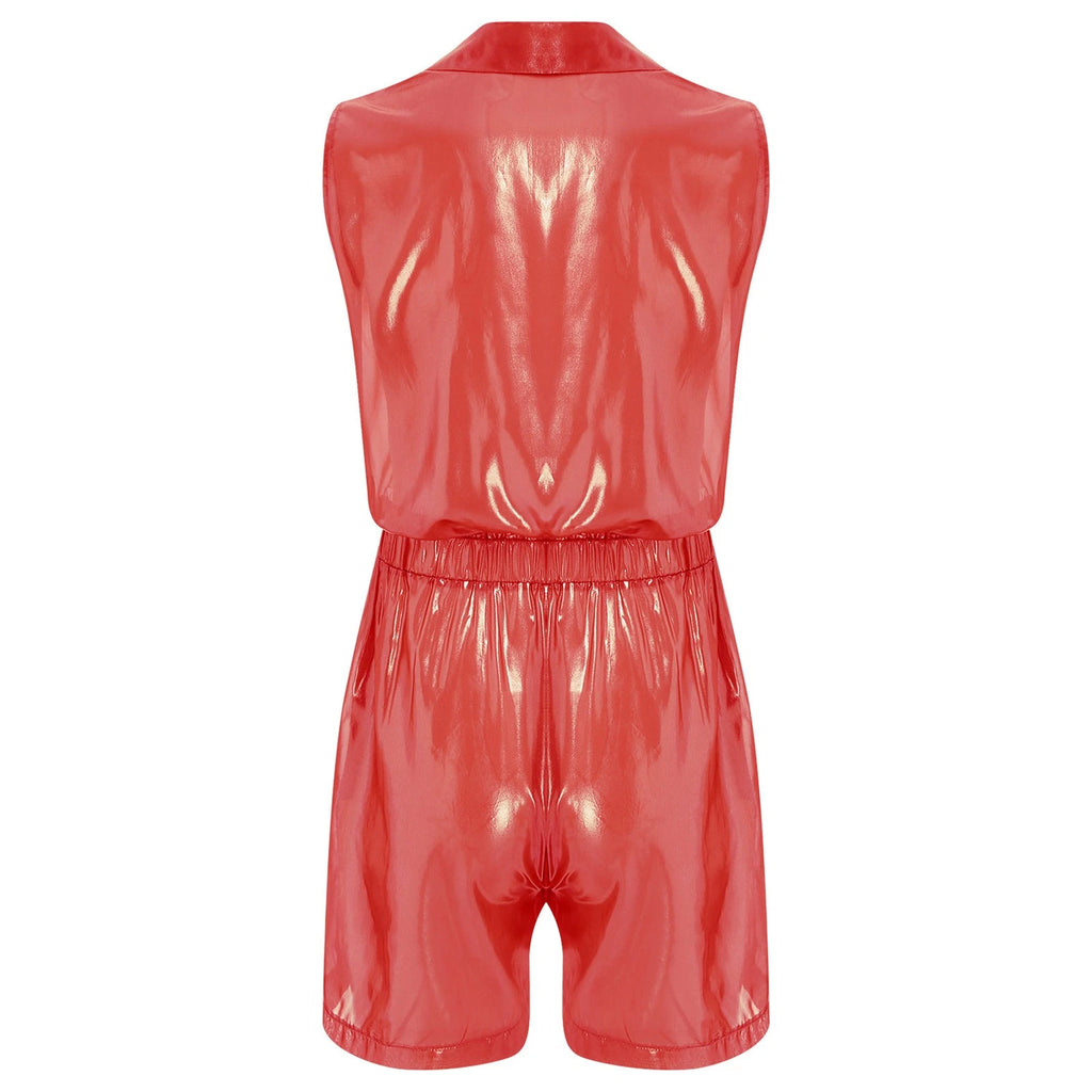 Men Shiny Glossy See-Through Metallic Chiffon Jumpsuit Bodysuit /Pajama Set