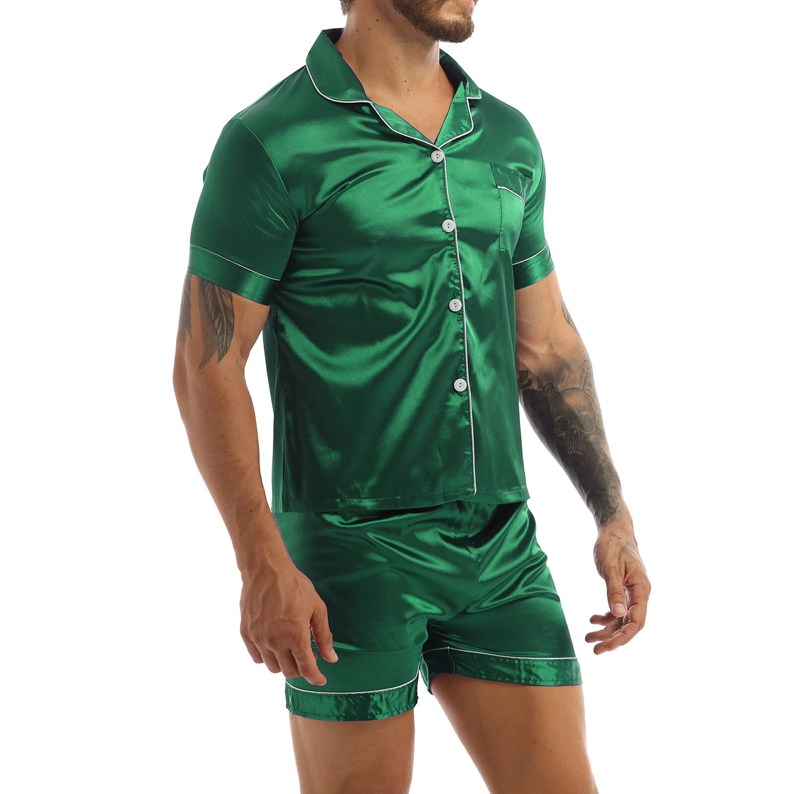 Men's Satin Pajamas Set Soft Silky Loungewear Nightwear Shirts Top with Shorts