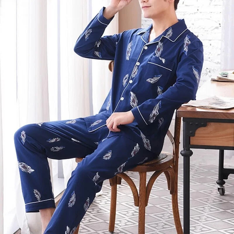Men's Pajama Sets Simple Sleepwear Long Sleeve Cotton Top Pant Leisure Outwear