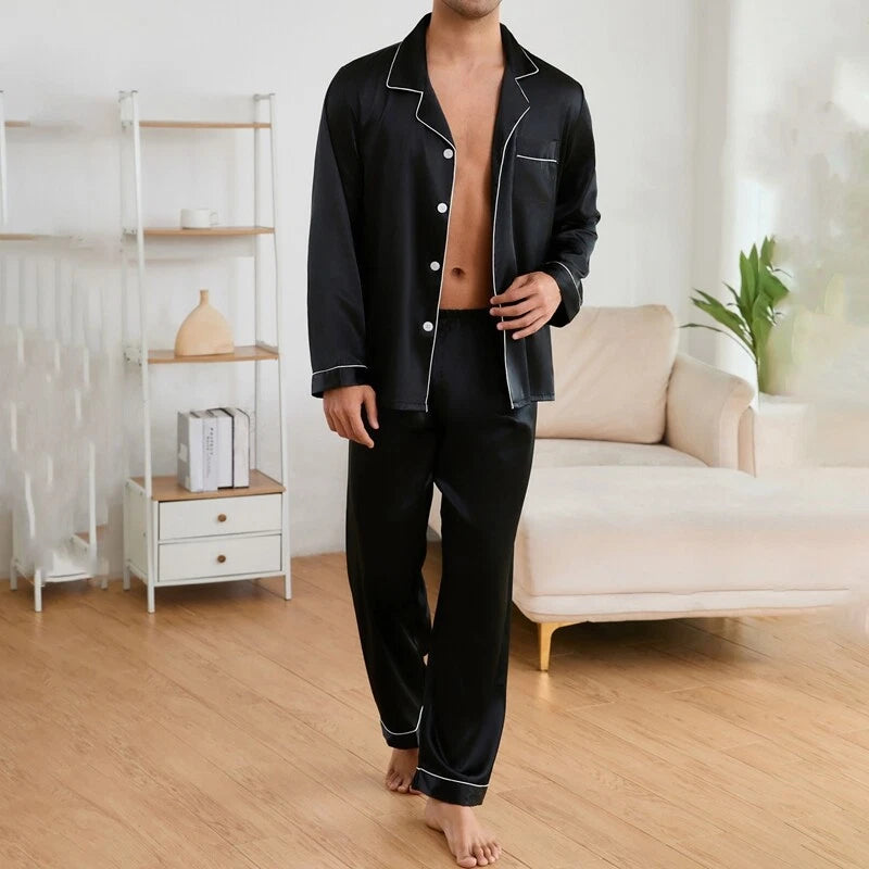 Mens Silk Satin Pyjamas Set Nightwear Pyjama Top & Bottoms Loungewear Sleepwear