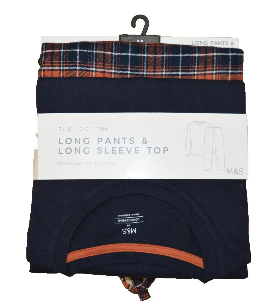 New M&S Mens Brushed Cotton Long Pants & Sleeve Navy Mix  Pyjamas Sz M 2XL