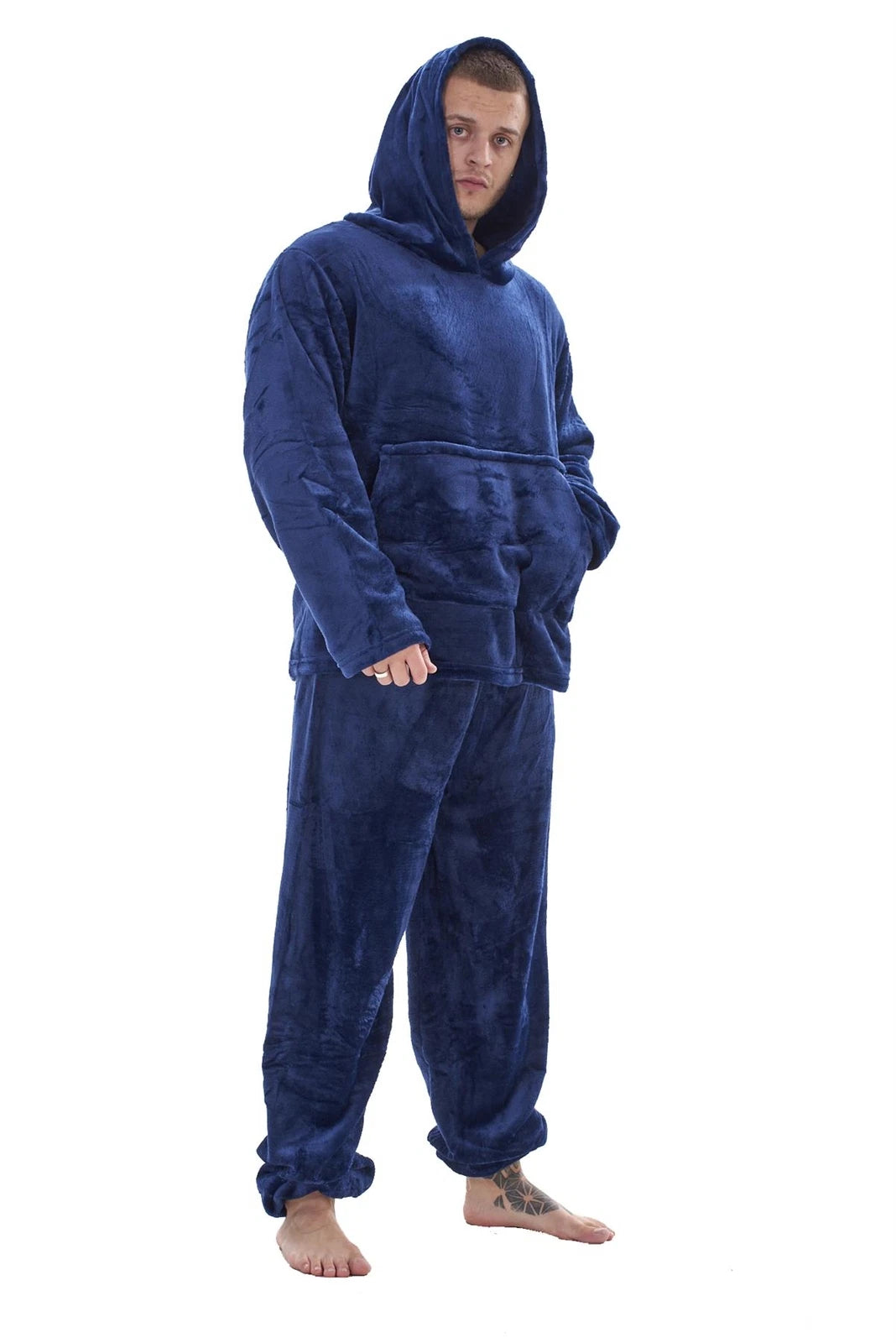 Mens Fleece Flannel Pyjama Set Hooded Warm Winter Loungewear M to XXL