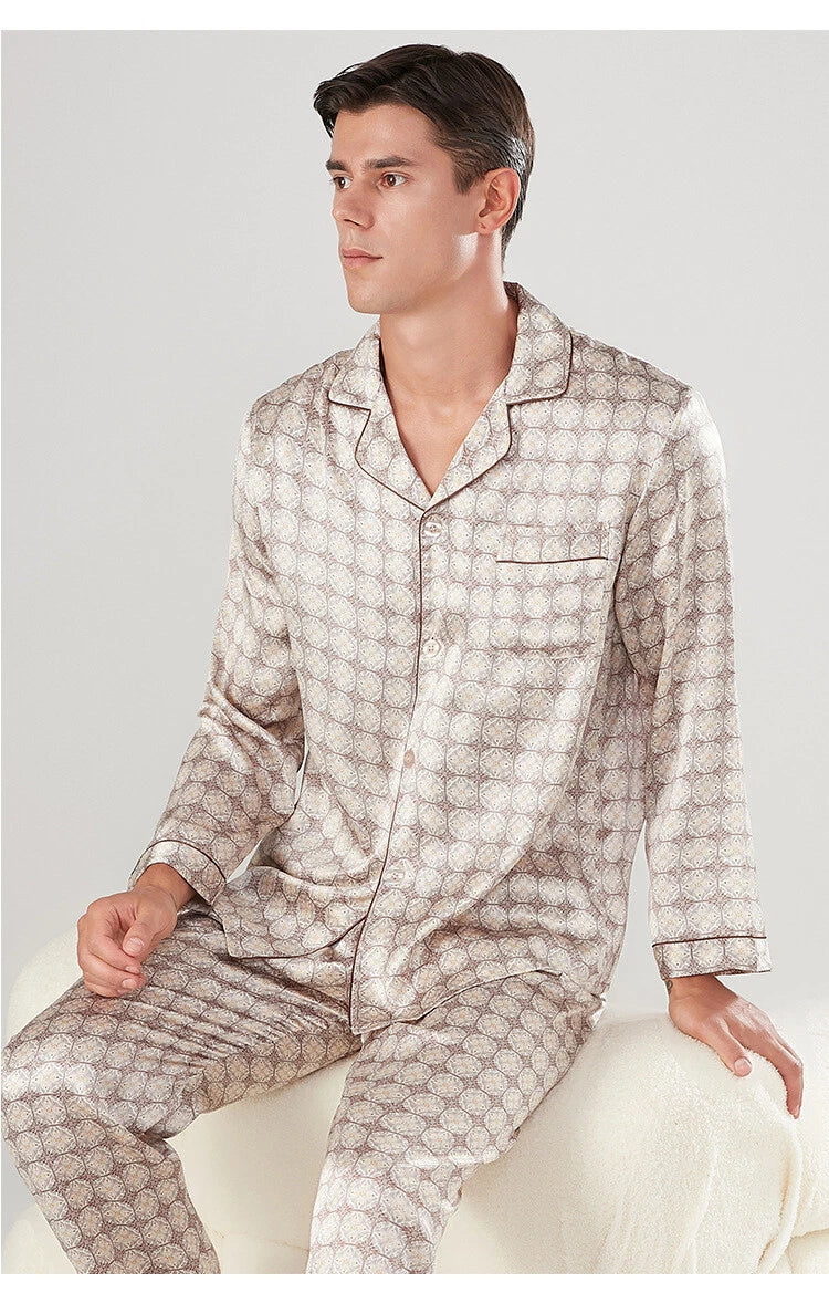 Men's 19MM 100% Pure Mulberry Silk Pajamas Set Long Sleeves Silk Sleepwear S~3XL