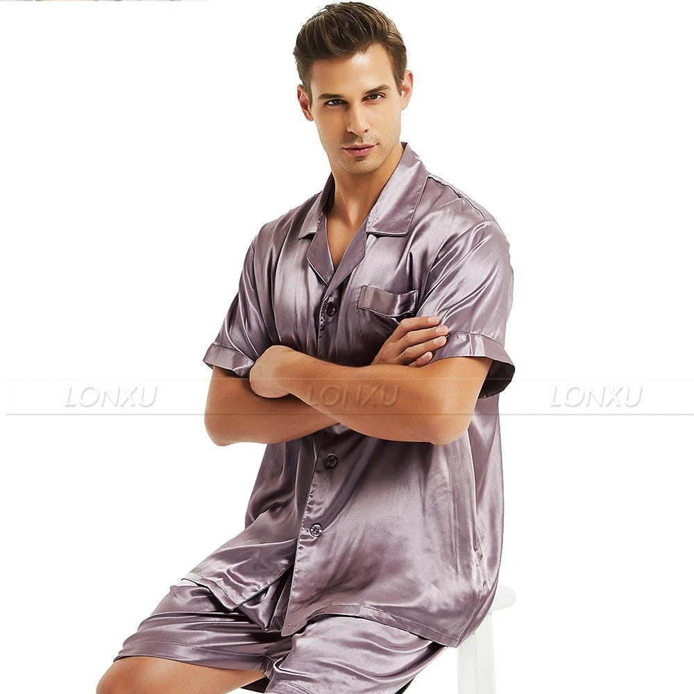 Mens Silk Satin Pajamas Set Short Sleeve+Short Pants Set Sleepwear Loungewear