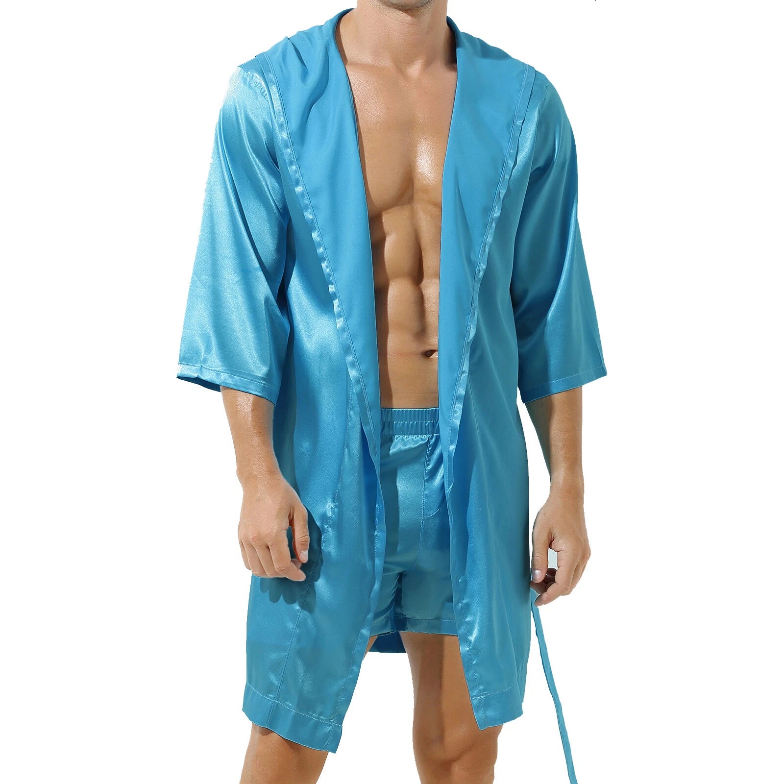 Men's Hooded Robe Set Silk Satin Night Gown Bathrobe Pajama Hot Pants Underwear
