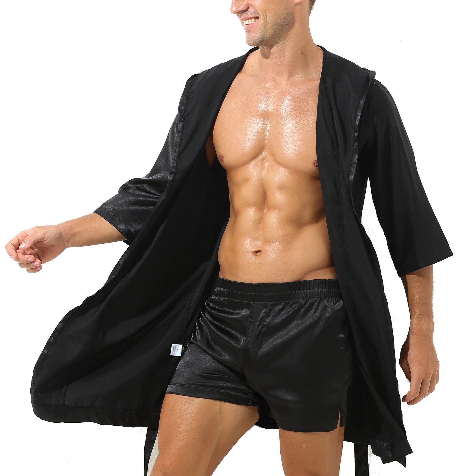 Men's Hooded Robe Set Silk Satin Night Gown Bathrobe Pajama Hot Pants Underwear