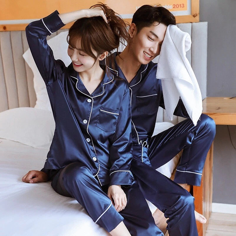 Men Women Silk Satin Pajamas Set Couple Sleepwear Lovers Unisex Nightwear Pijama