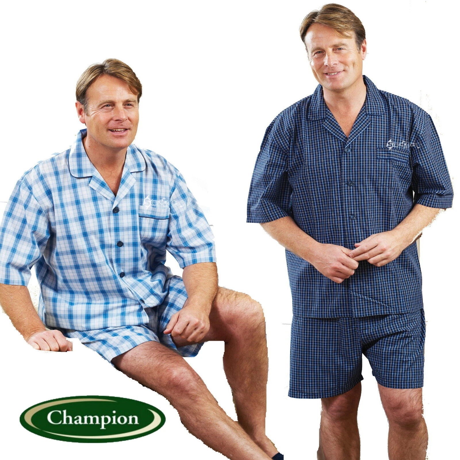 Mens Champion Richmond Polycotton Short Sleeve Check Short Pyjamas Size M to 3XL