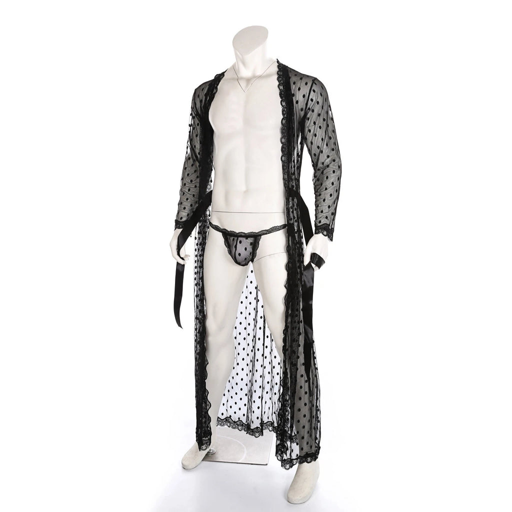 Men Bathrobe Lace Gown Kimono Long Sleeves Robe Pajamas See-through Thong Set