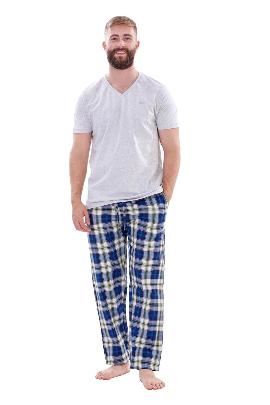 Mens Nightwear Pyjama Set Woven Cotton Check Jersey Top Loungewear Lightweight