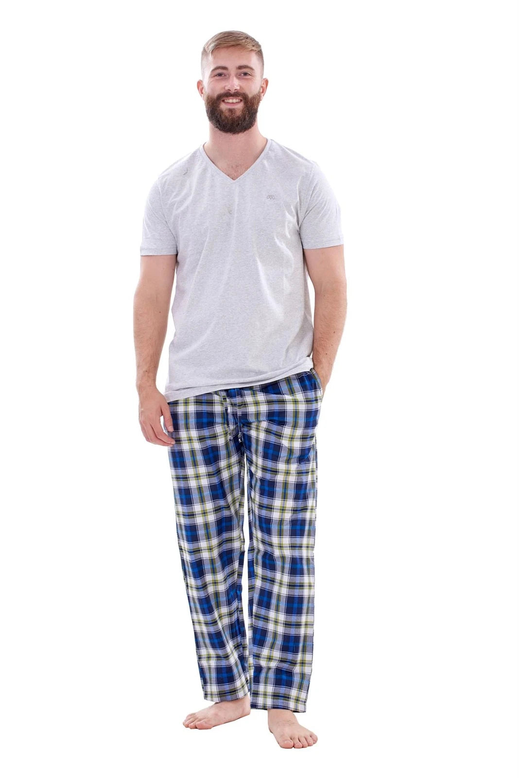 Mens Nightwear Pyjama Set Woven Cotton Check Jersey Top Loungewear Lightweight