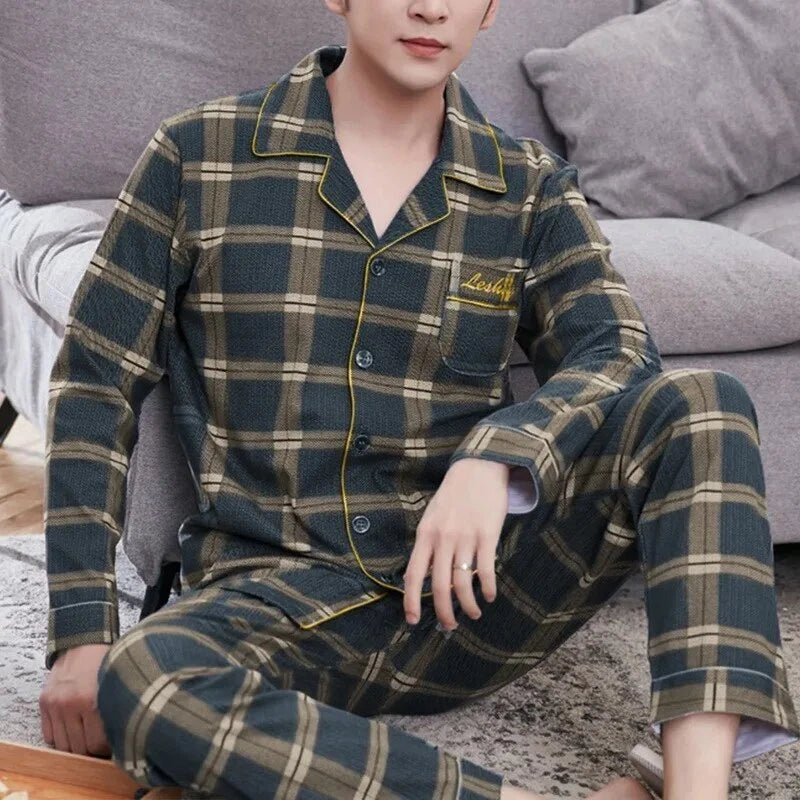 Men's Pajama Sets Simple Sleepwear Long Sleeve Cotton Top Pant Leisure Outwear