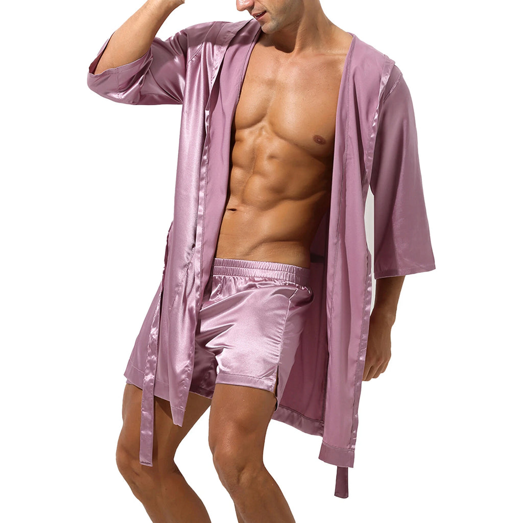 Men's Hooded Robe Set Silk Satin Night Gown Bathrobe Pajama Hot Pants Underwear