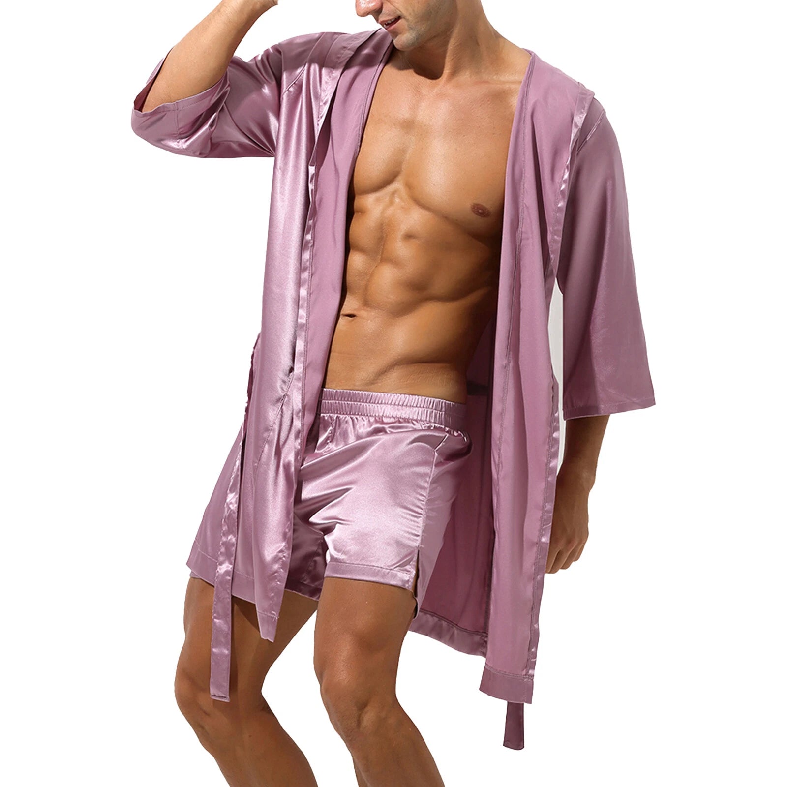 Men's Hooded Robe Set Silk Satin Night Gown Bathrobe Pajama Hot Pants Underwear