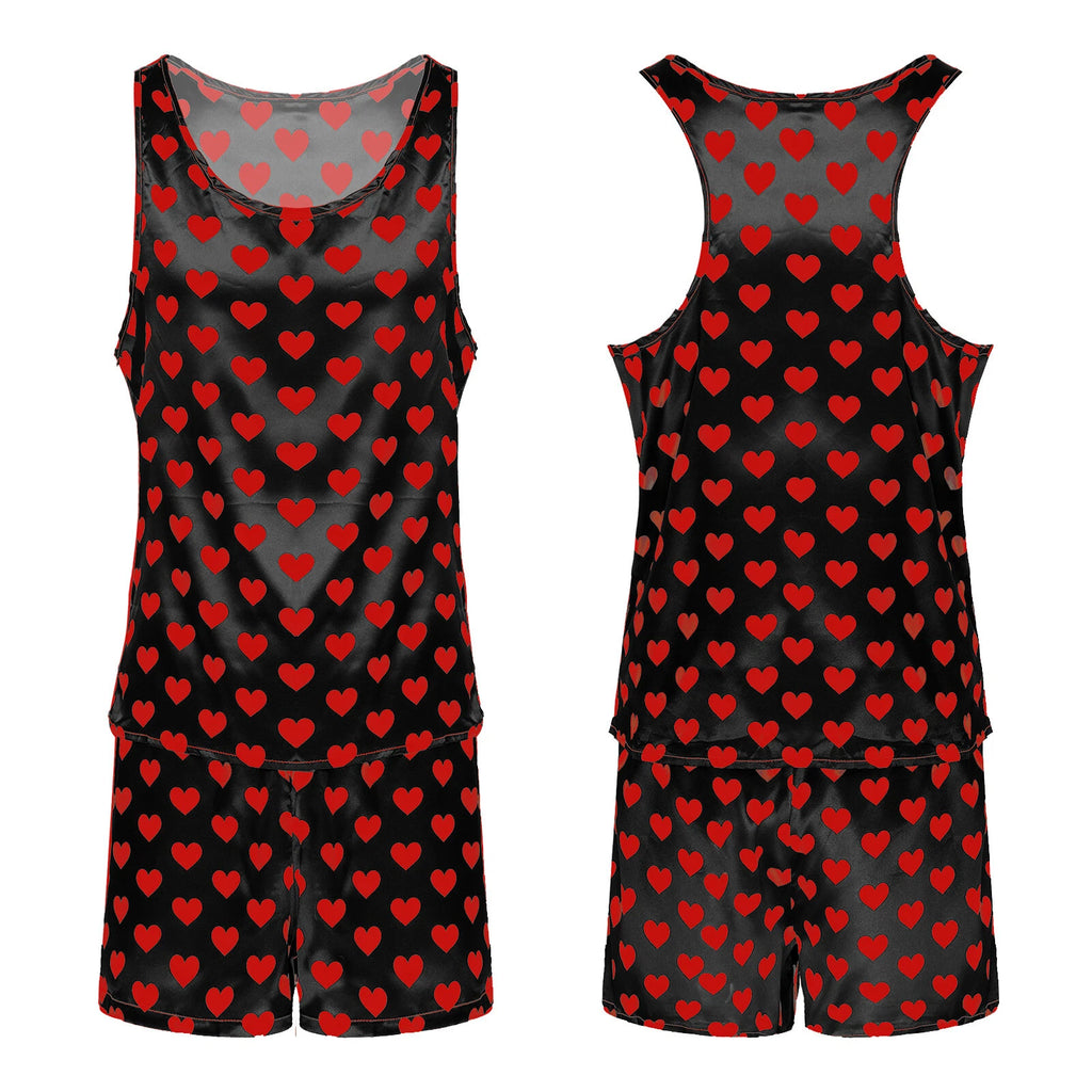 Men's Silk Satin Pajamas Set Vest Top and Boxer Shorts Sleepwear Home Loungewear