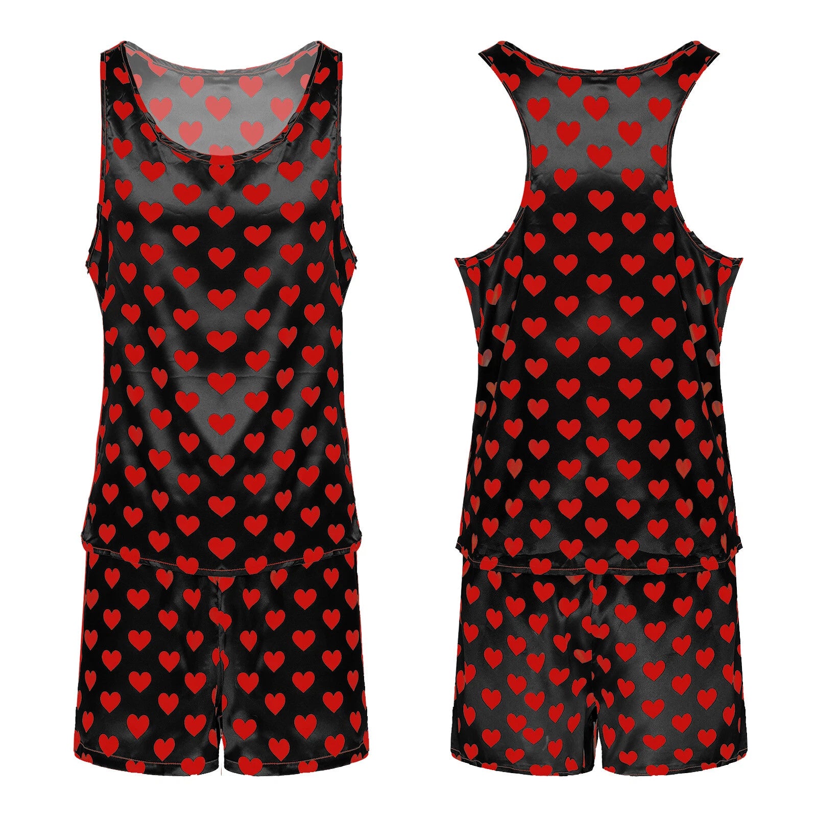 Men's Silk Satin Pajamas Set Vest Top and Boxer Shorts Sleepwear Home Loungewear