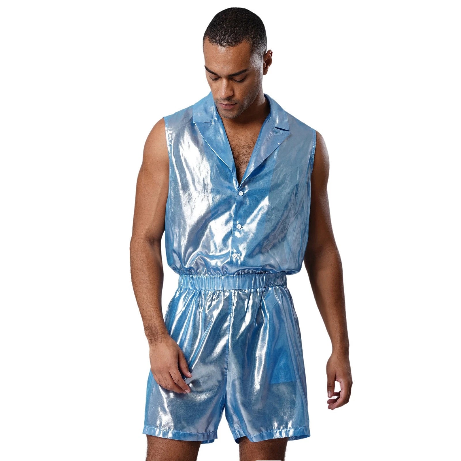Men Shiny Glossy See-Through Metallic Chiffon Jumpsuit Bodysuit /Pajama Set
