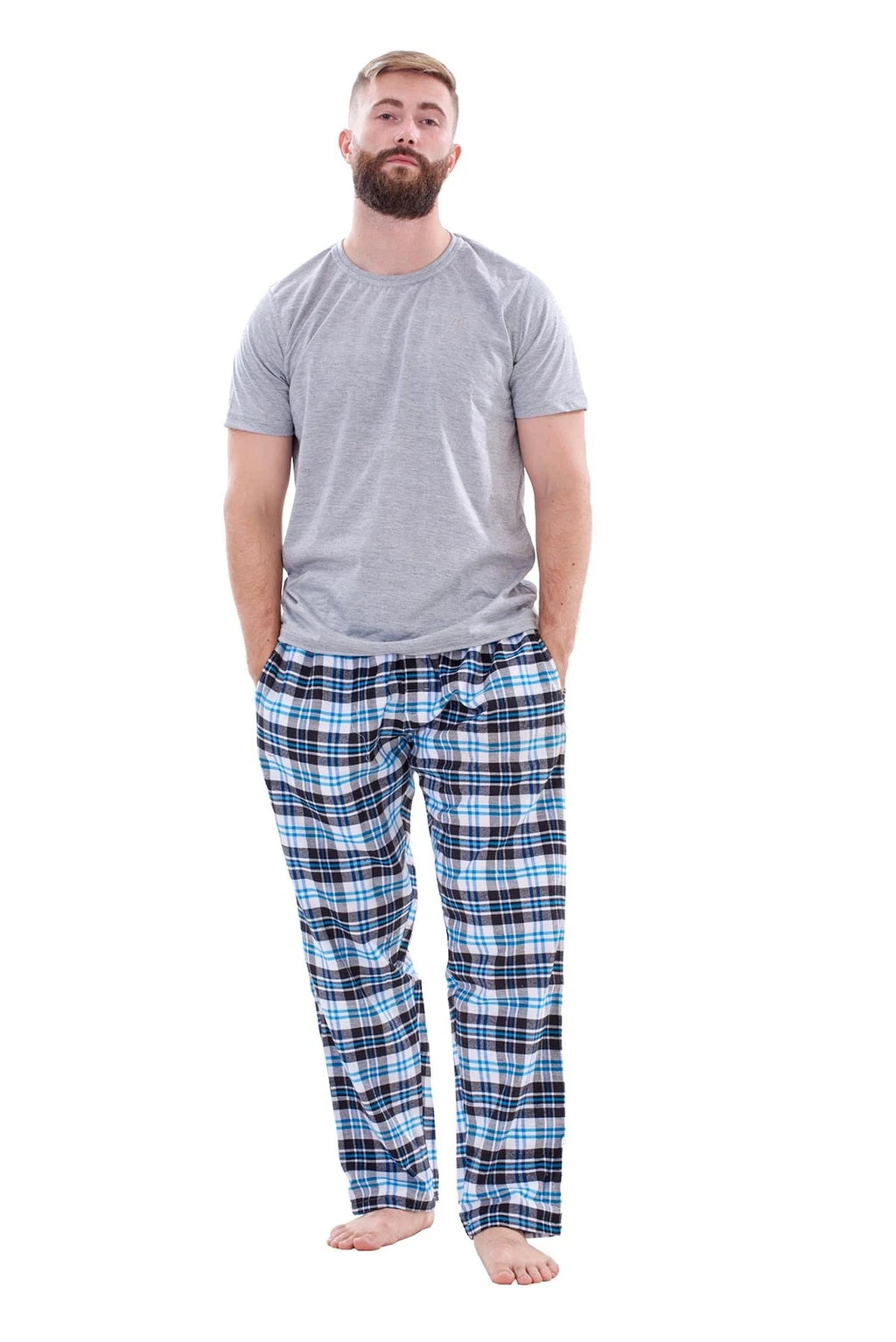 Mens Flannel Pyjama Set Brushed Cotton Check Jersey Top Loungewear Lightweight