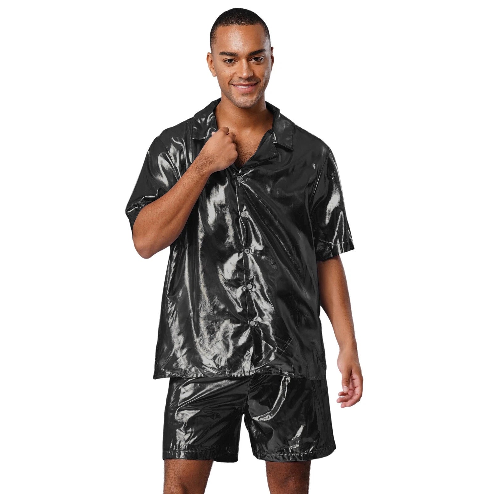 Men Shiny Glossy See-Through Metallic Chiffon Jumpsuit Bodysuit /Pajama Set