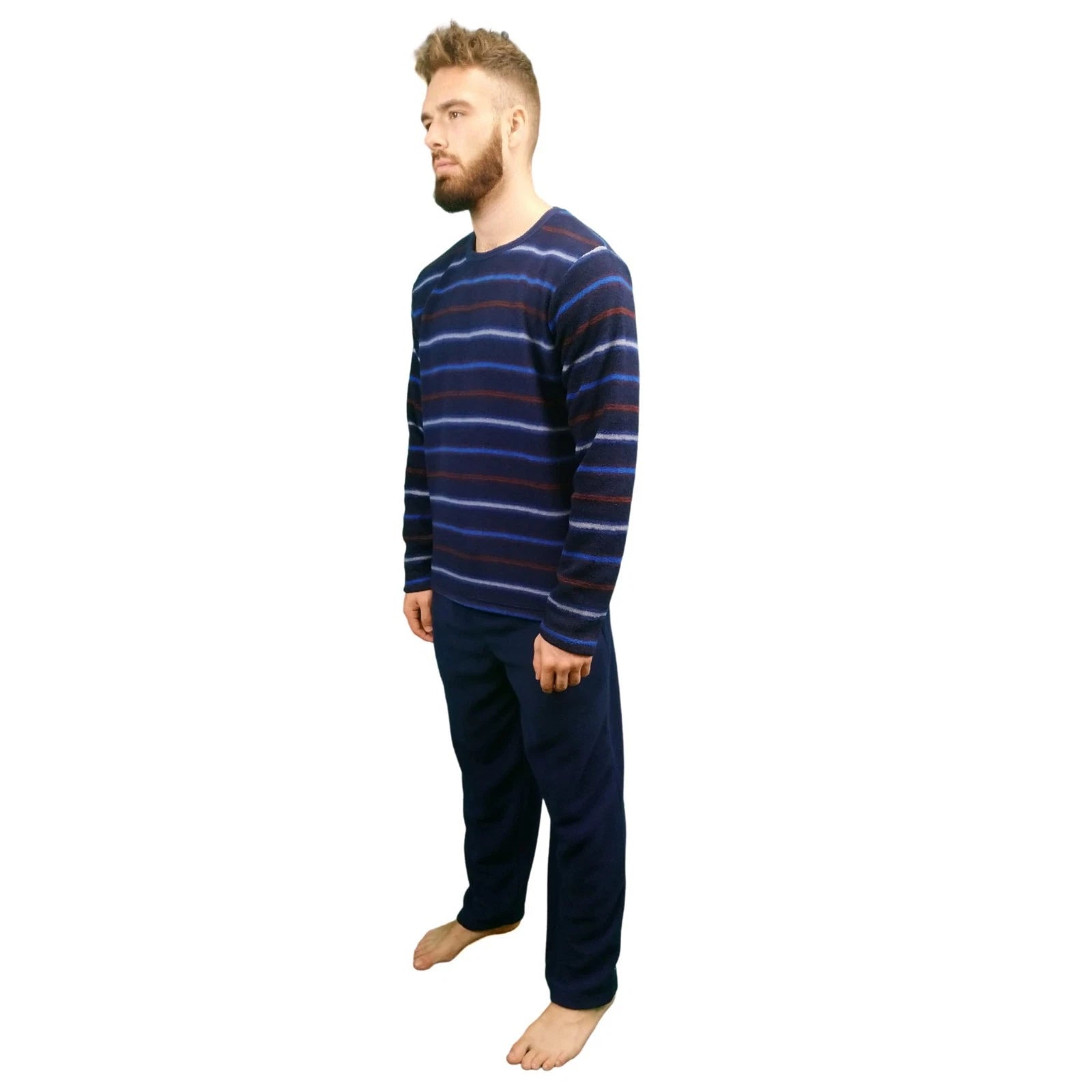 Mens Fleece Warm Soft Pyjamas Striped PJ Set Nightwear Nightsuit Pyjama S-4XL