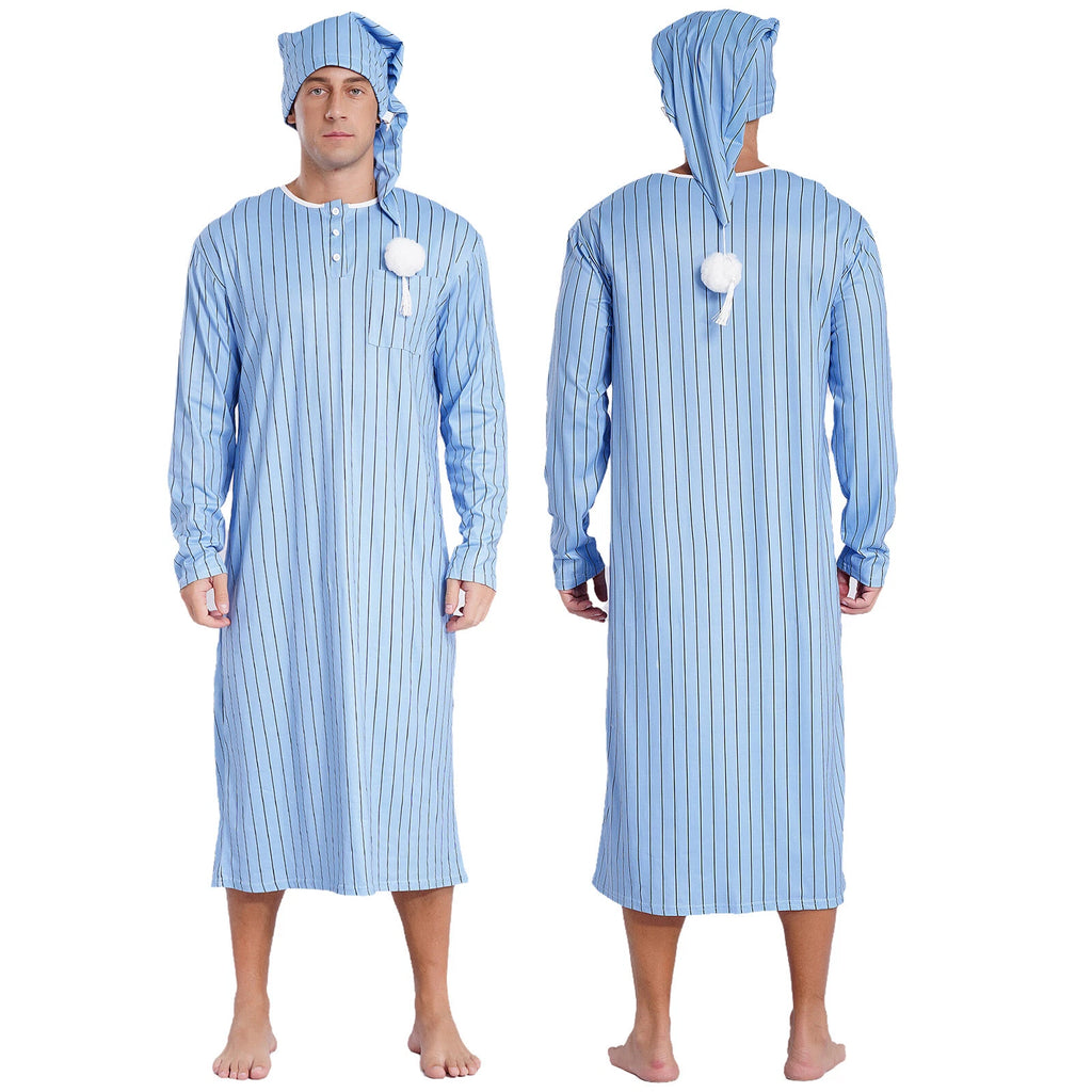 Mens Nightwear Halloween Nightgowns Plaid Pajamas Pompom Loungewear Nightshirt