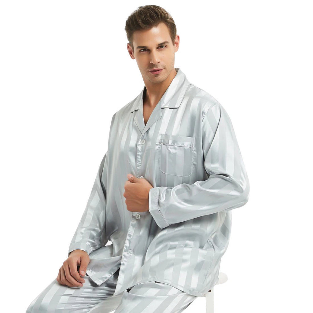 Mens Silk Satin Pajamas Sets Long Sleeves Pajamas Sleepwear Nightwear Loungewear