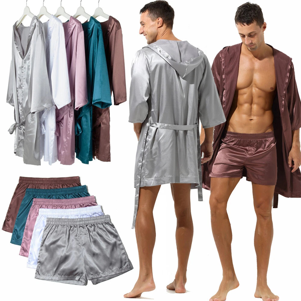 Mens Pajamas Set Night Sleep Robes Silk Satin Nightgown Bathrobe Shorts Homewear