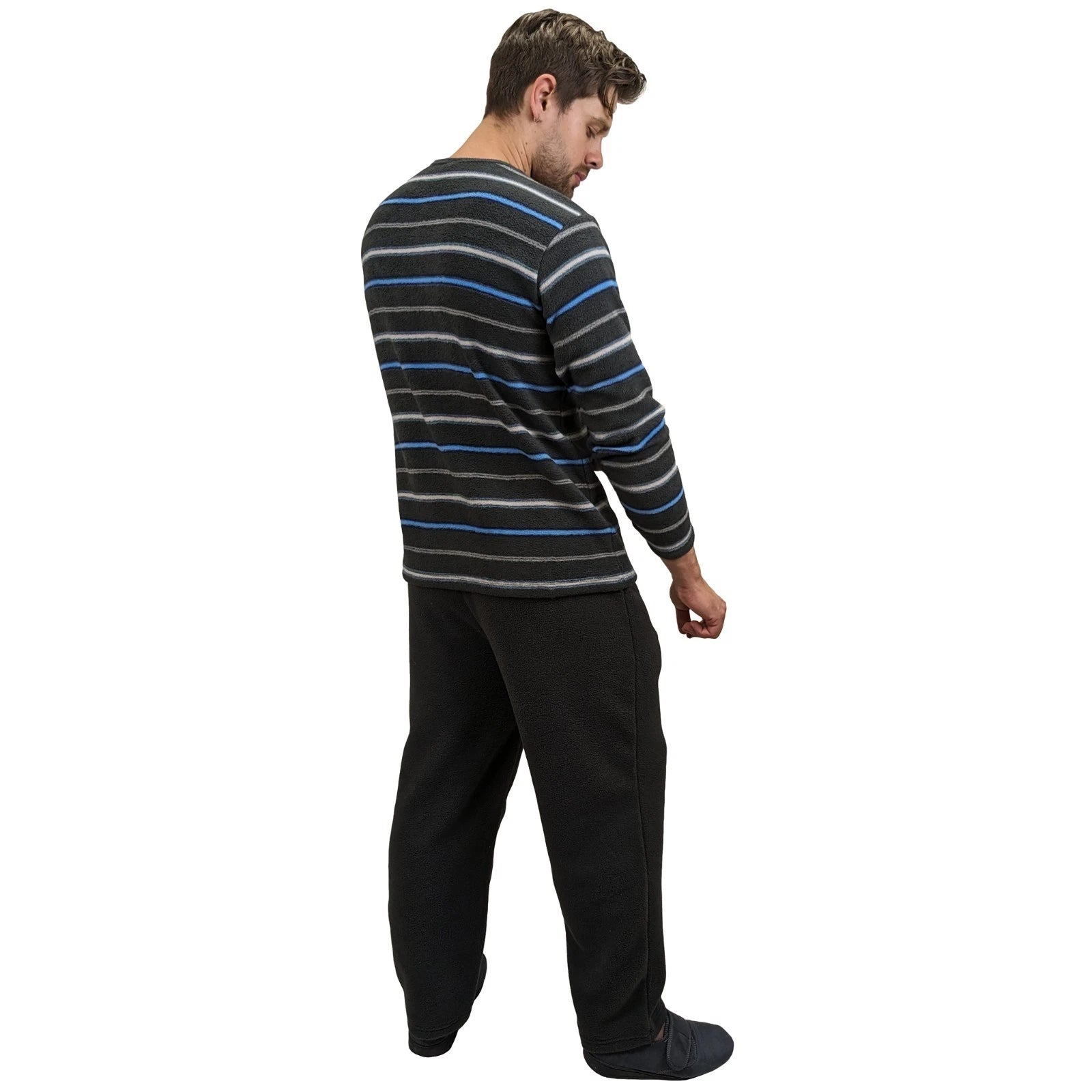 Mens Fleece Warm Soft Pyjamas Striped PJ Set Nightwear Nightsuit Pyjama S-4XL