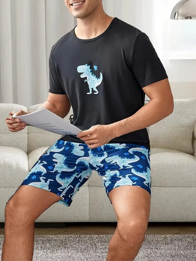 New Men's Dinosaur Pajama Set - Size M to XXL - Short Sleeve & Shorts Comfy Soft