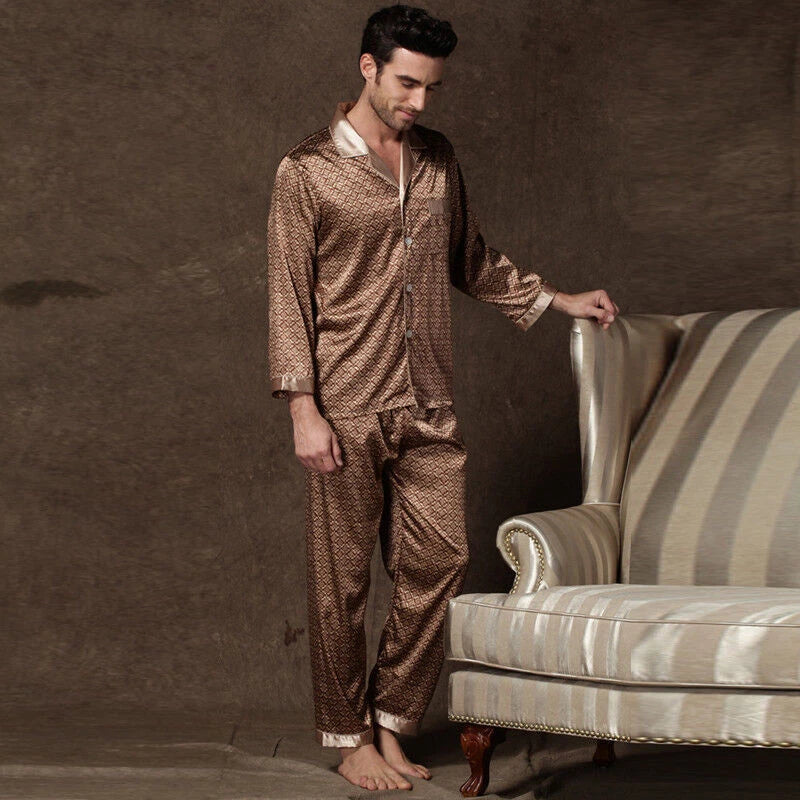 Men Silk Satin Pajama Set Print Sleepwear Loungewear Long Sleeve Shirt Nightwear