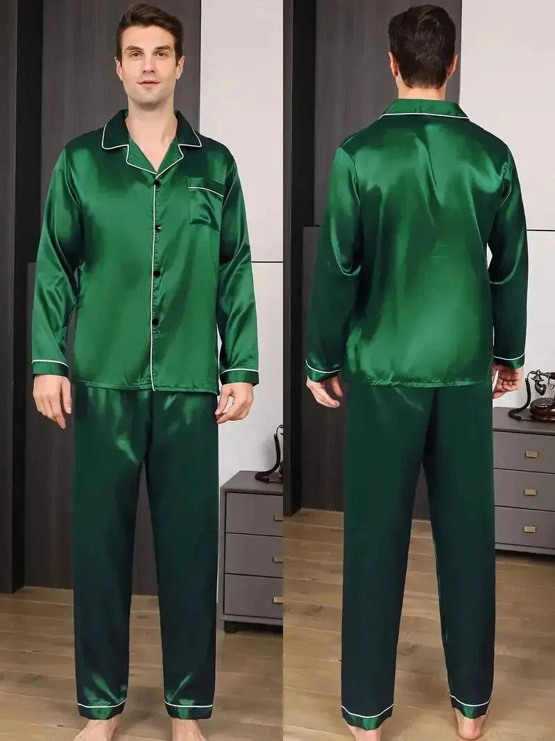 Men's Silk Satin Pajama Set Long Sleeve Soft Sleepwear Loungewear Suit
