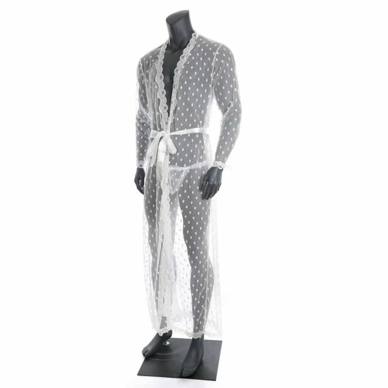 Men Bathrobe Lace Gown Kimono Long Sleeves Robe Pajamas See-through Thong Set