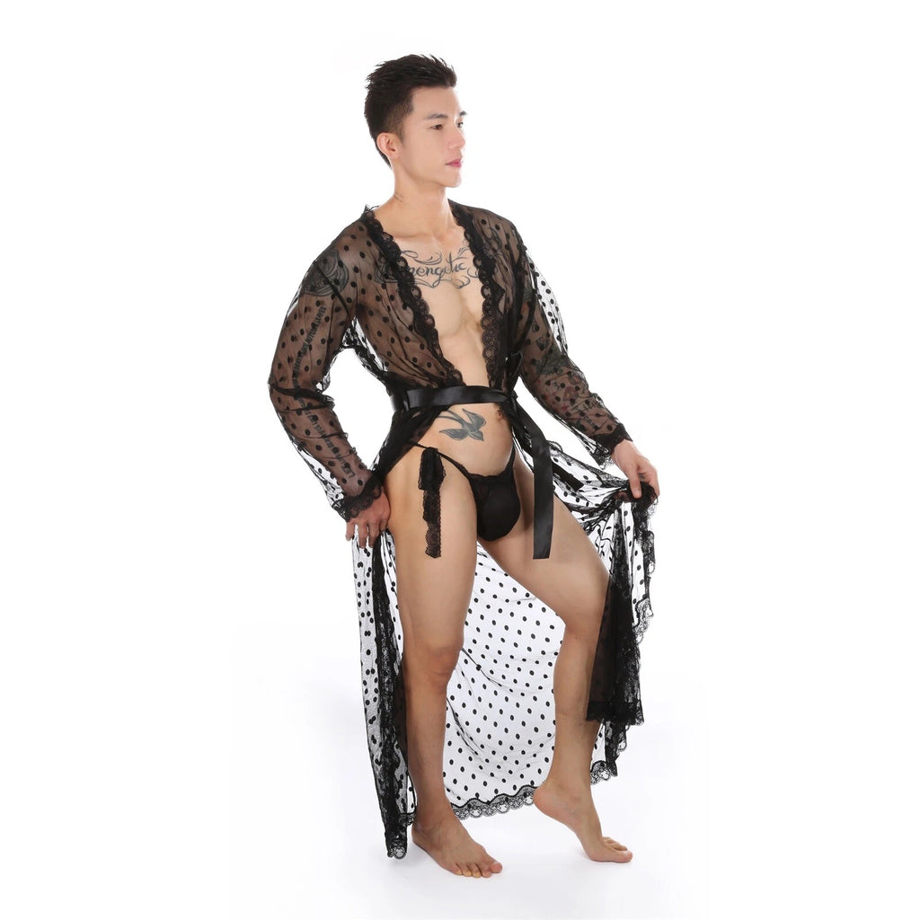 Mens Dress Long Sleeve Bathrobe Kimono Pajamas Lace Clear Thong Set-