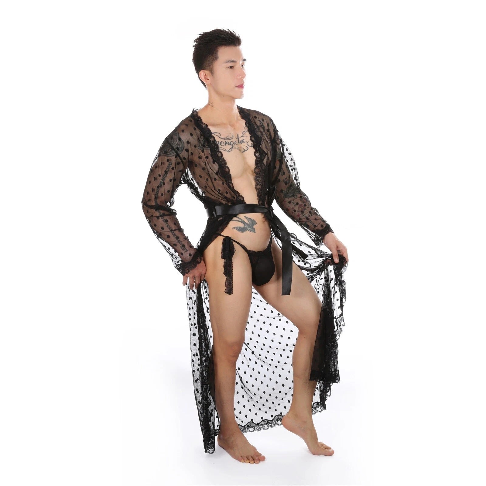 Mens Dress Long Sleeve Bathrobe Kimono Pajamas Lace Clear Thong Set-
